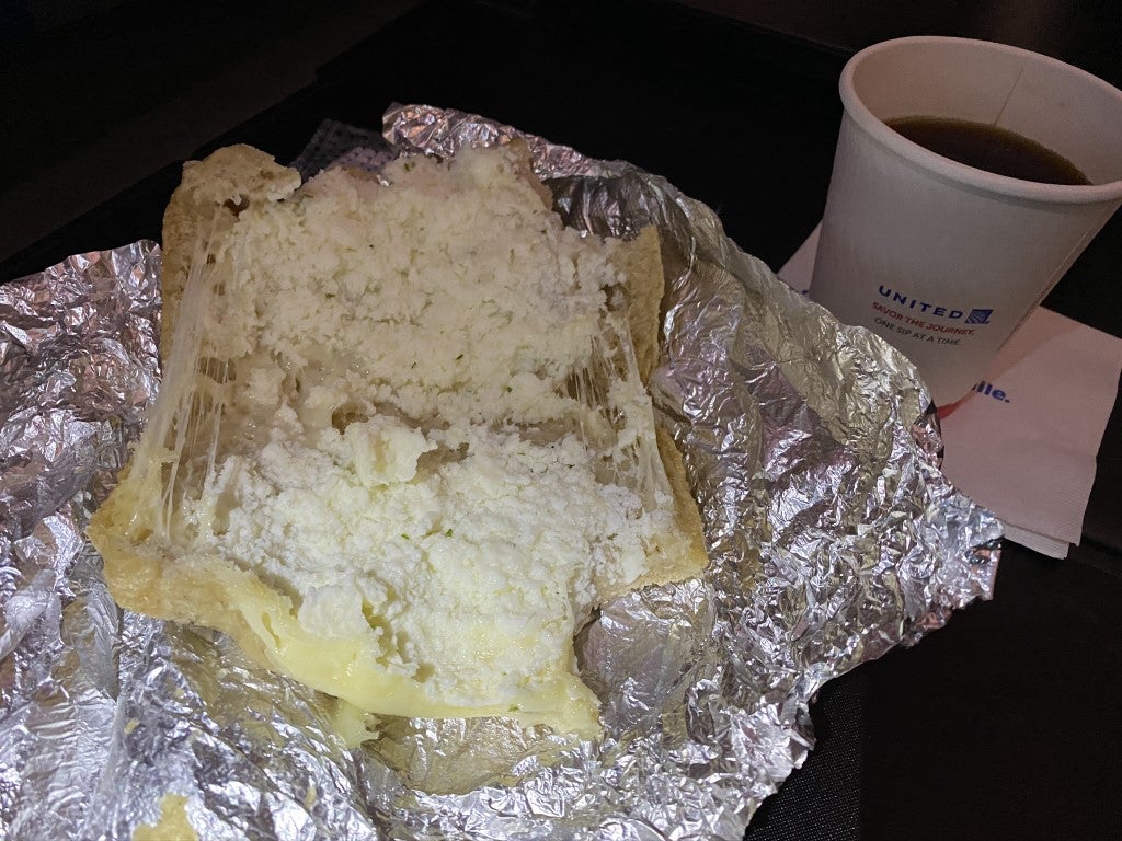 United Polaris Business Class breakfast sandwich during covid