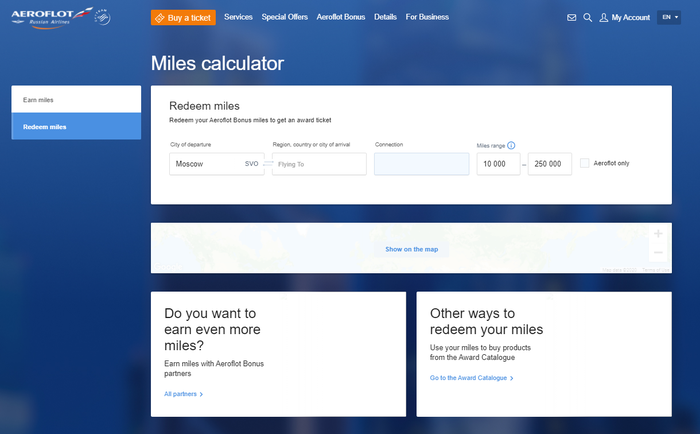 Aeroflot Miles Calculator