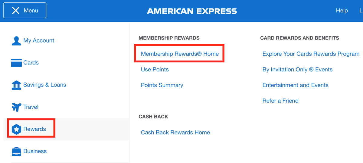 Amex Rewards menu 1