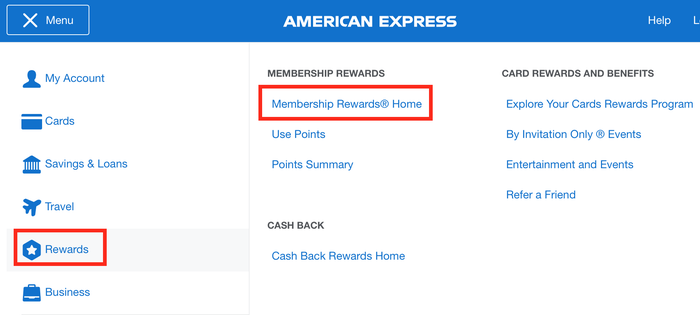 Amex Rewards menu 1