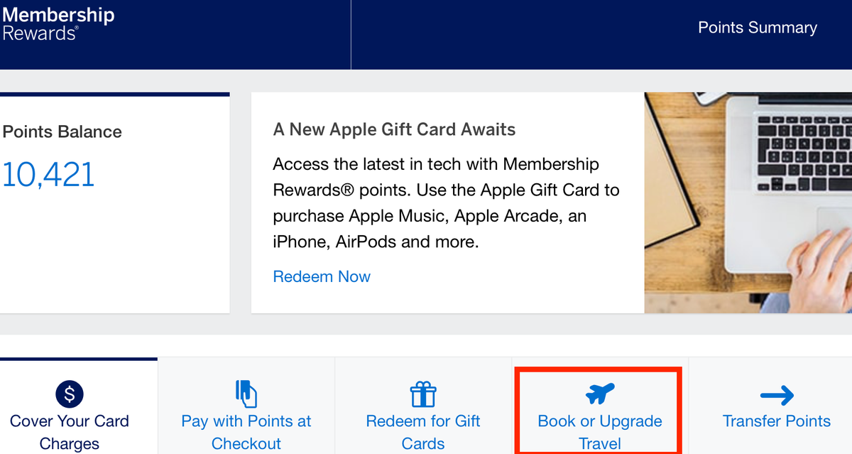 Amex upgrade with points menu