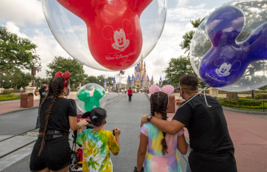 Family at Magic Kingdom Walt Disney World with Mickey Balloons