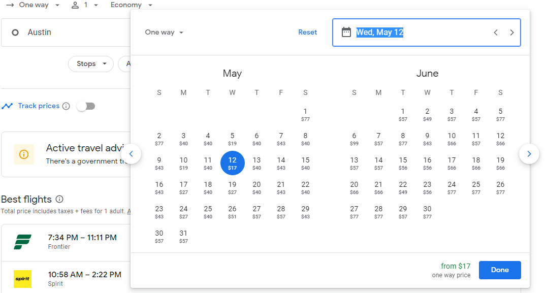 Google Flights search AUS to MCO in May