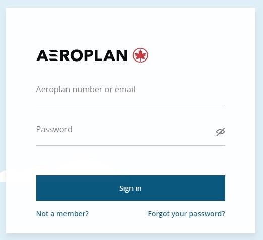 Air Canada Aeroplan login page