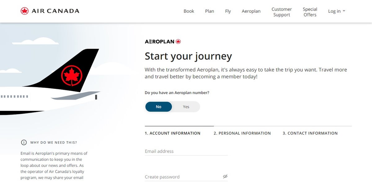 Air Canada Aeroplan sign up page