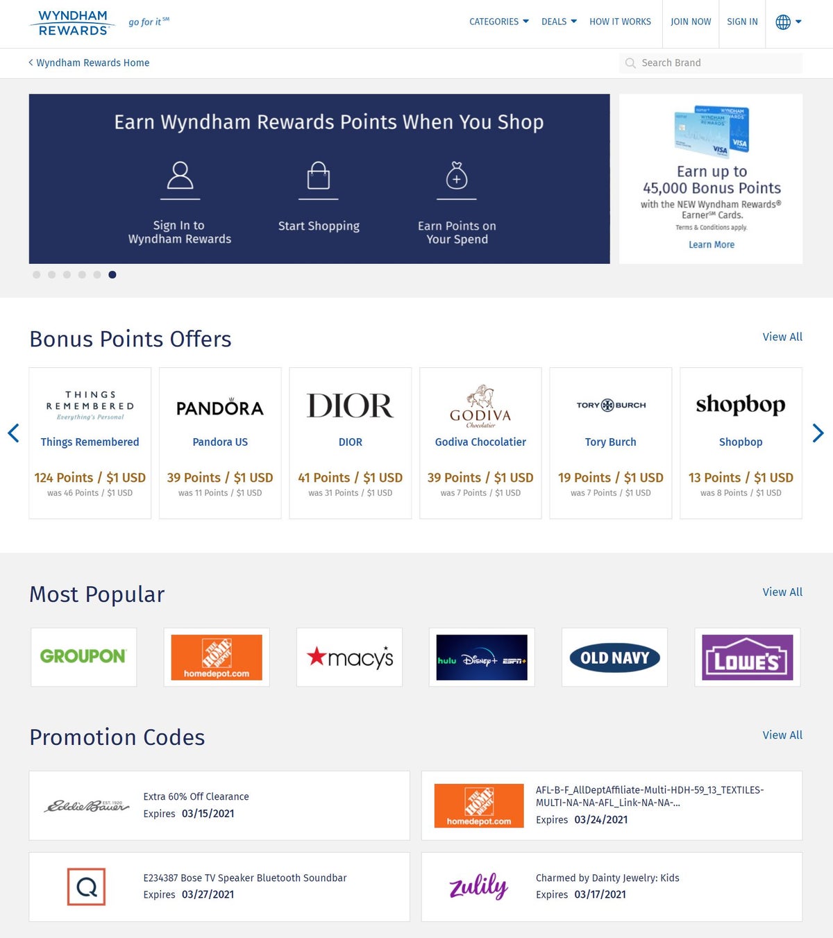 Wyndham Rewards Shopping Portal Homepage