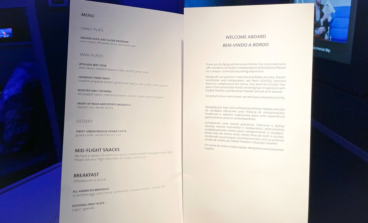 American Airlines 777 Flagship Business Class Dinner and Drink Menu