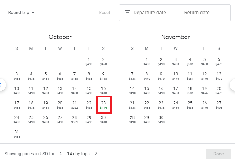 Google Flights green cheapest dates