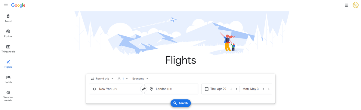 Google flights homepage