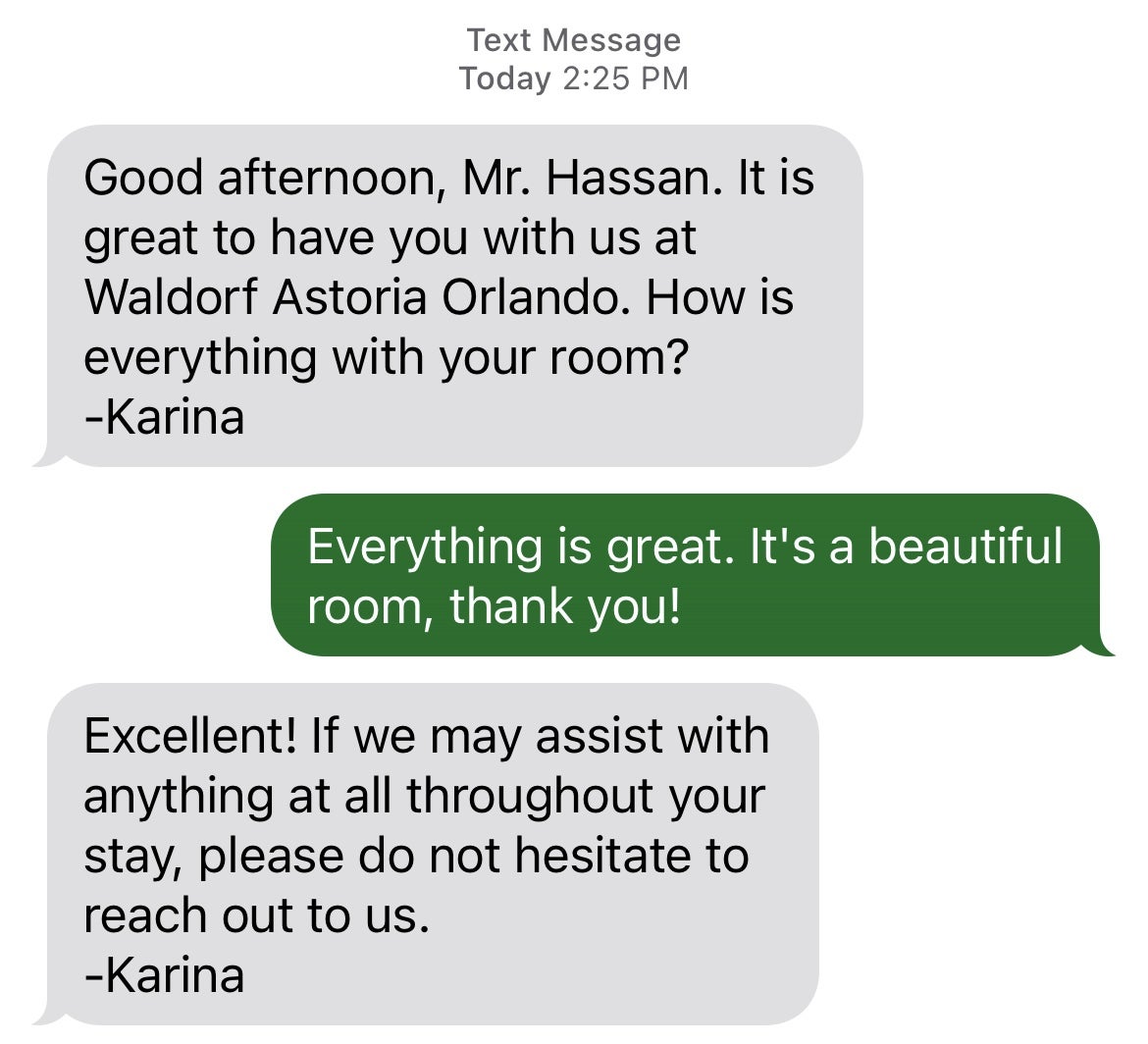 Waldorf Astoria Orlando Concierge Text Message 1