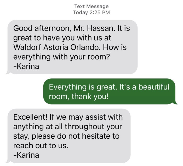 Waldorf Astoria Orlando Concierge Text Message 1