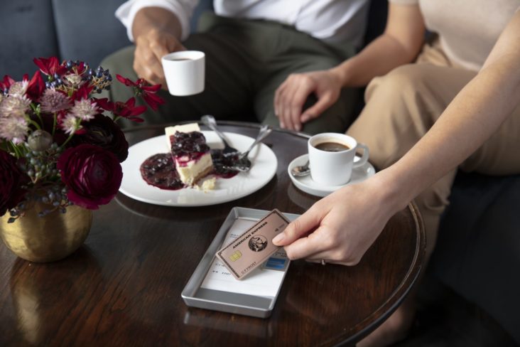 Amex Rose Gold card paying for dessert and coffee Amex Rose Gold card paying for dessert and coffee