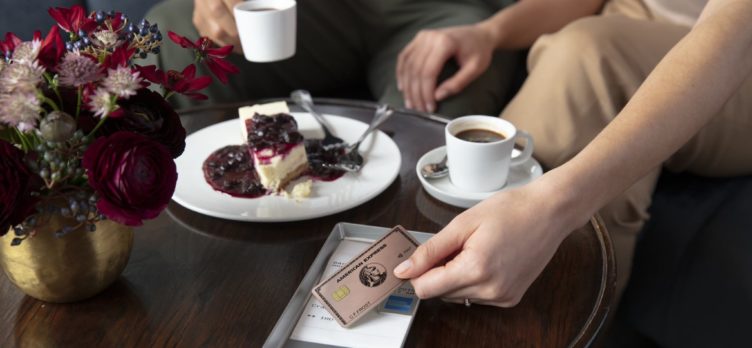 Amex Rose Gold card paying for dessert and coffee
