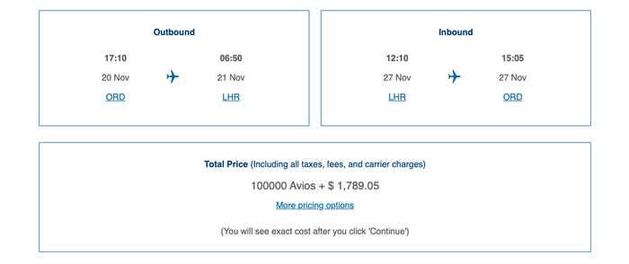 BA Biz Example ORD to LHR