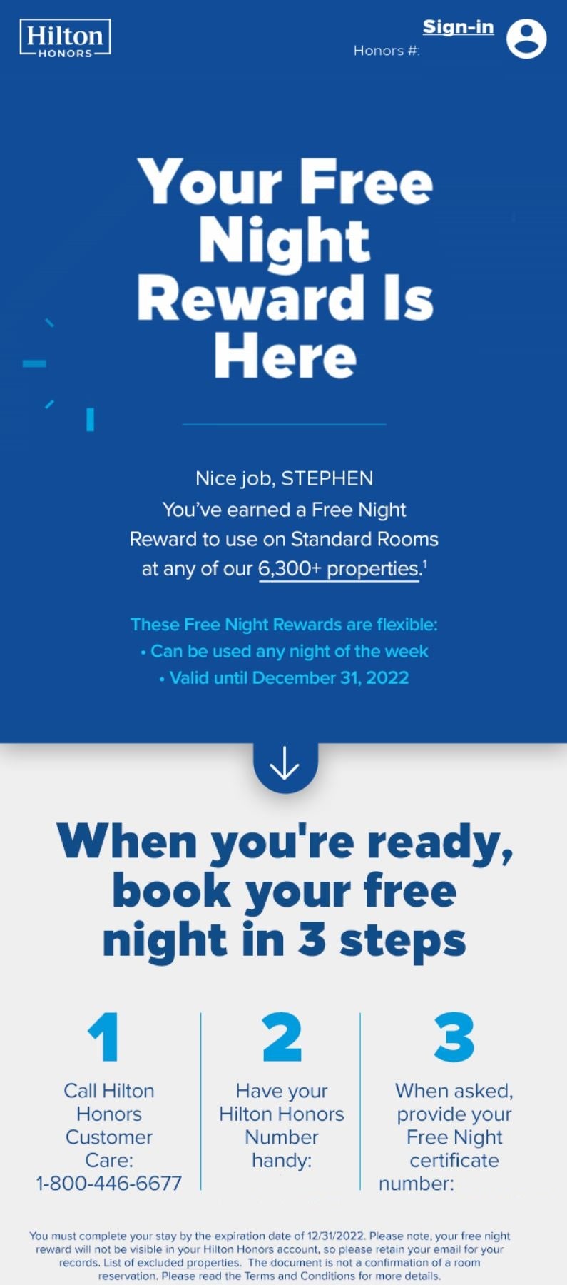 Hilton free night certificate email