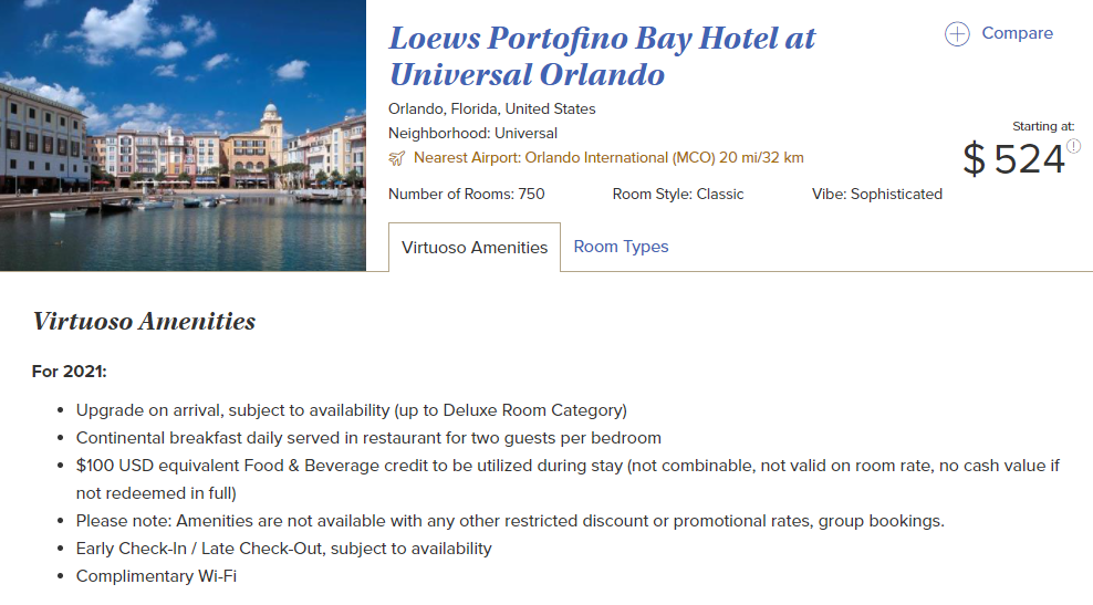 Loews Portofino Bay Hotel at Universal Orlando Virtuoso amenities