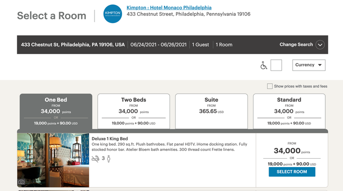 Kimpton Hotel Monaco Philadelphia cost in points