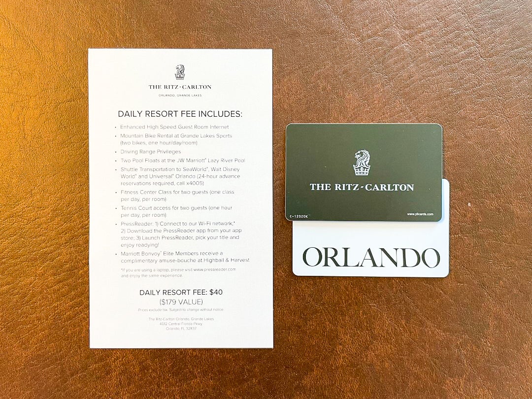Ritz Carlton Orlando Grande Lakes Resort Fee and Room Key Card