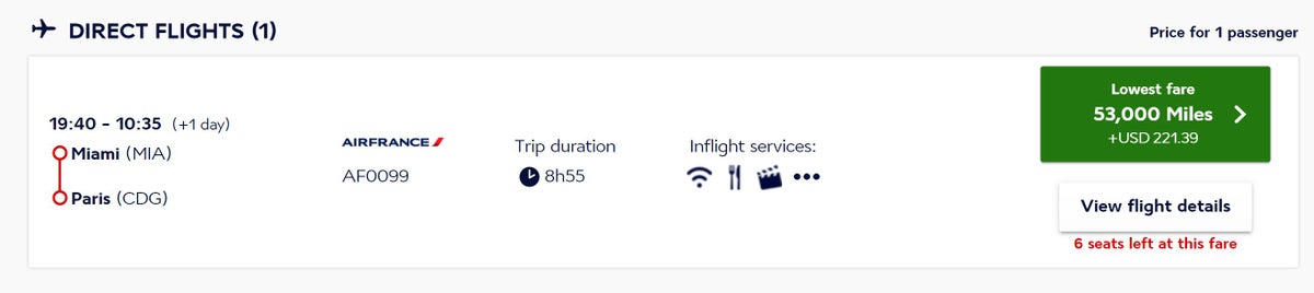 Air France business class search result on Flying Blue