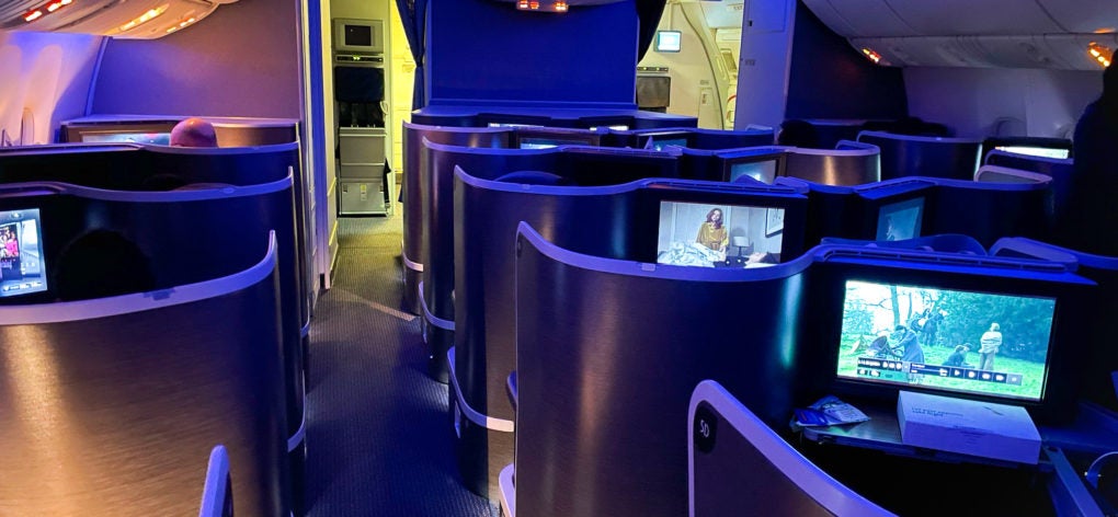 American Airlines First Flagship Business Class Miami to Boston aisle lighting