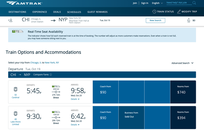 Amtrak Chicago to NYC Cash