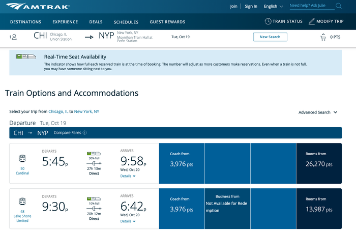 Amtrak Chicago to NYC Points