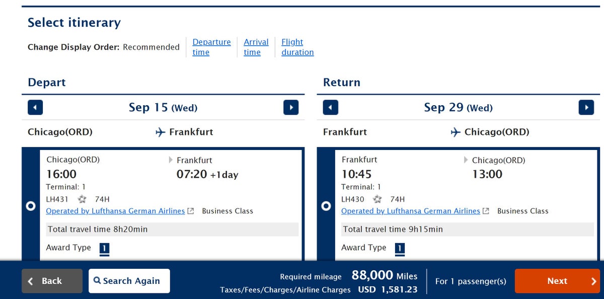Lufthansa business class search result on ANA Mileage Club