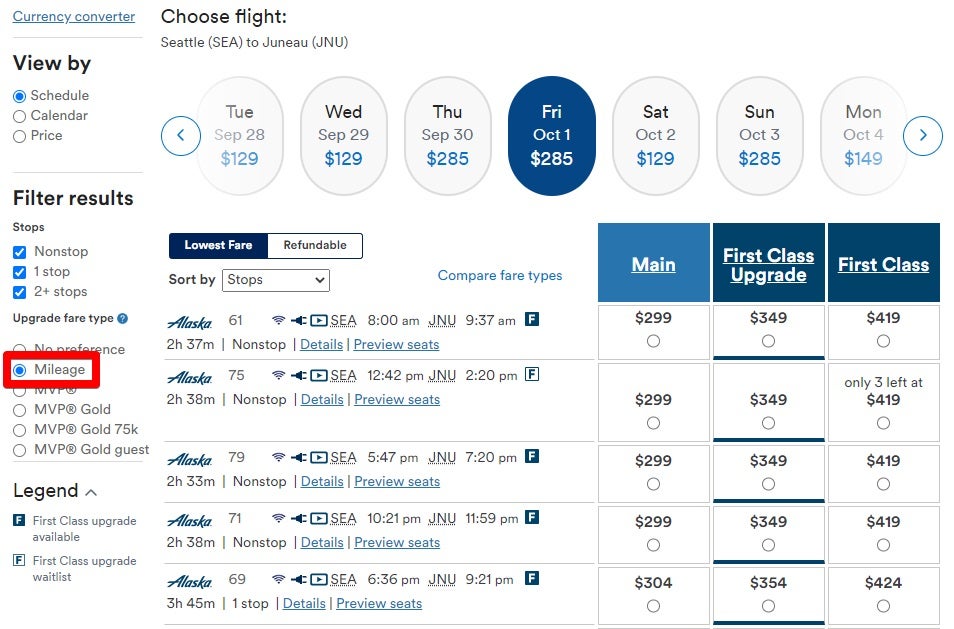 Alaska Airlines First Class Upgrade Search by Mileage