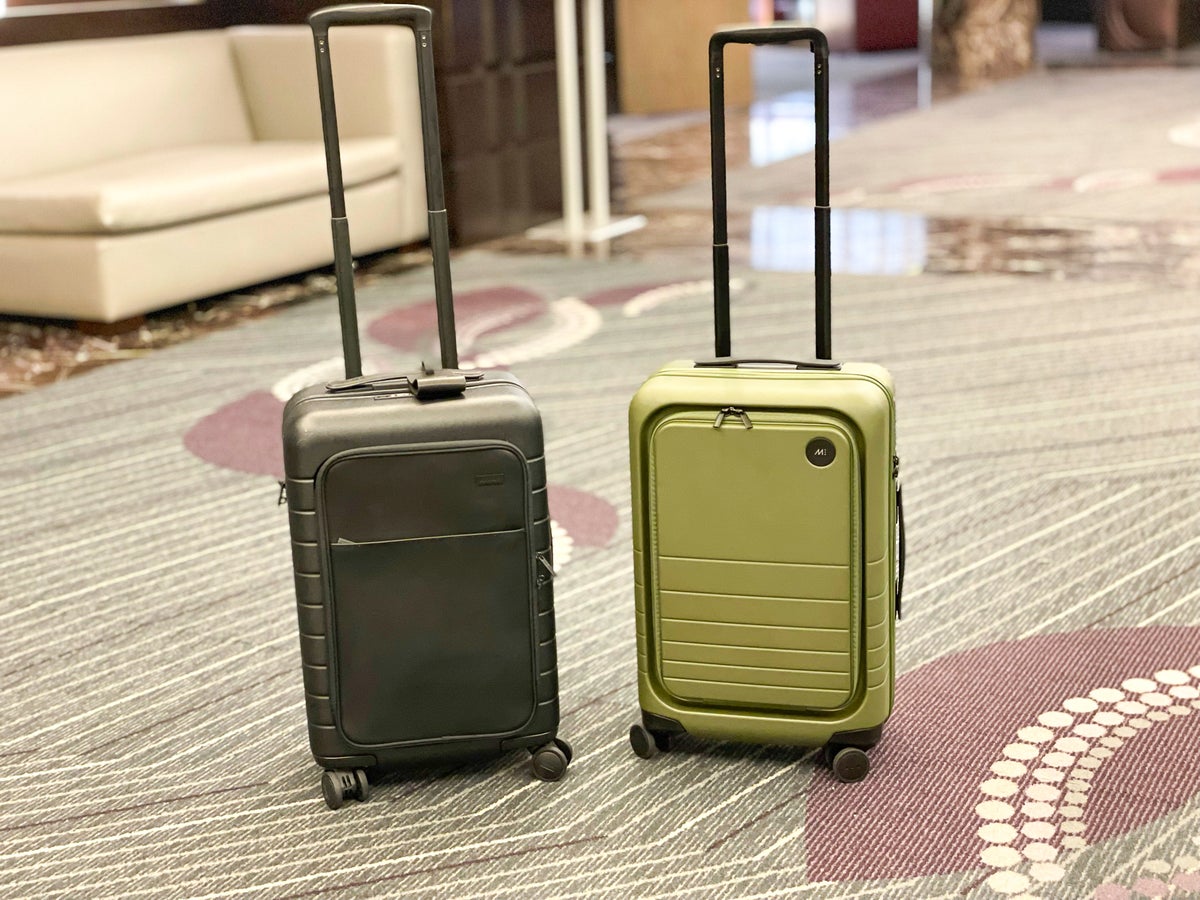 Olive Green Monos Luggage Carry On Pro and Away bag at Hyatt Regency Boston