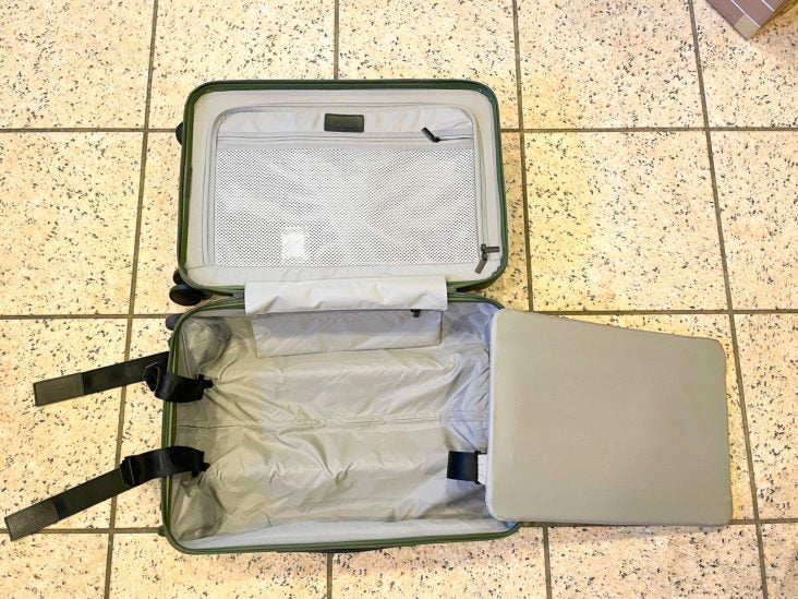 Olive Green Monos Luggage Carry On Pro open Olive Green Monos Luggage Carry On Pro open