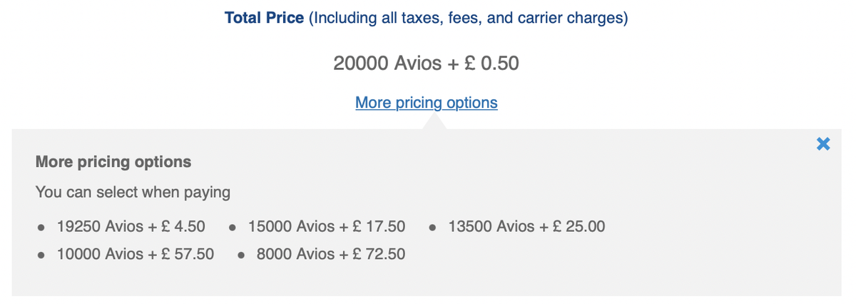 British Airways Reward Flight Saver pricing example