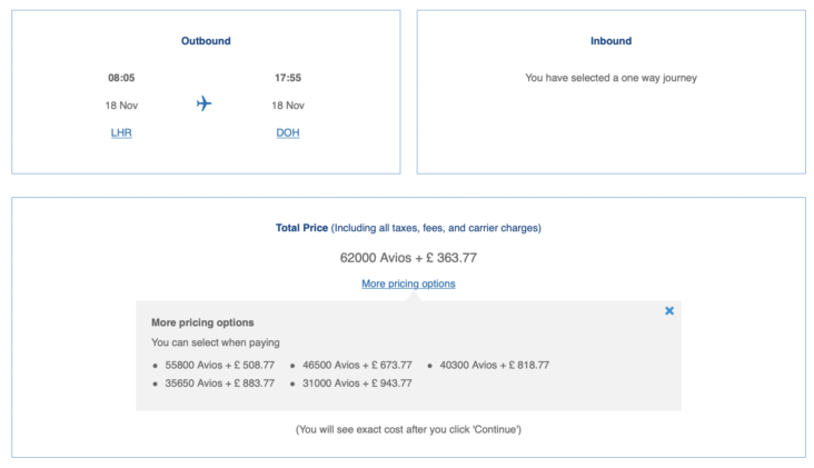 Avios and Cash combinations for London to Qatar with Qatar Airways Avios and Cash combinations for London to Qatar with Qatar Airways