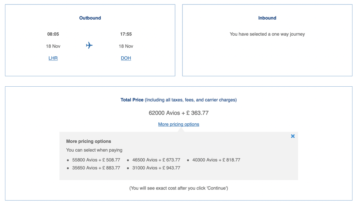 Avios and Cash combinations for London to Qatar with Qatar Airways