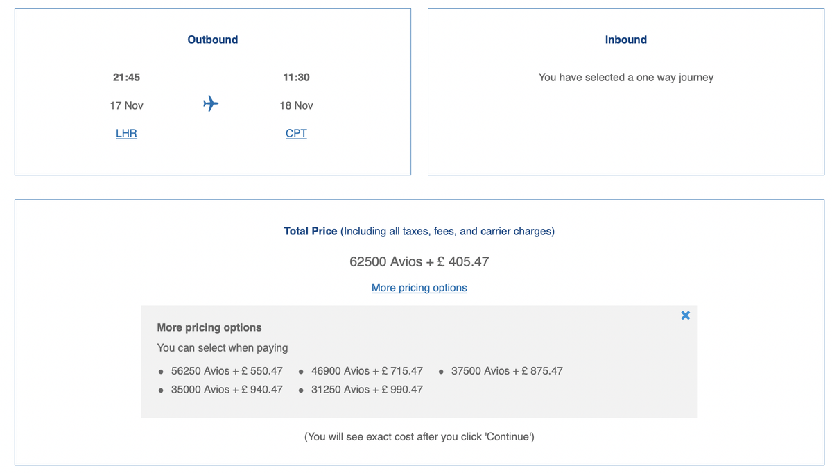 Prices for an Avios redemption from London to Cape Town with BA in Club
