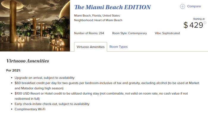 The Miami Beach EDITION Virtuoso rate