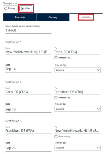 Multi city search United United EWR CDG FRA EWR