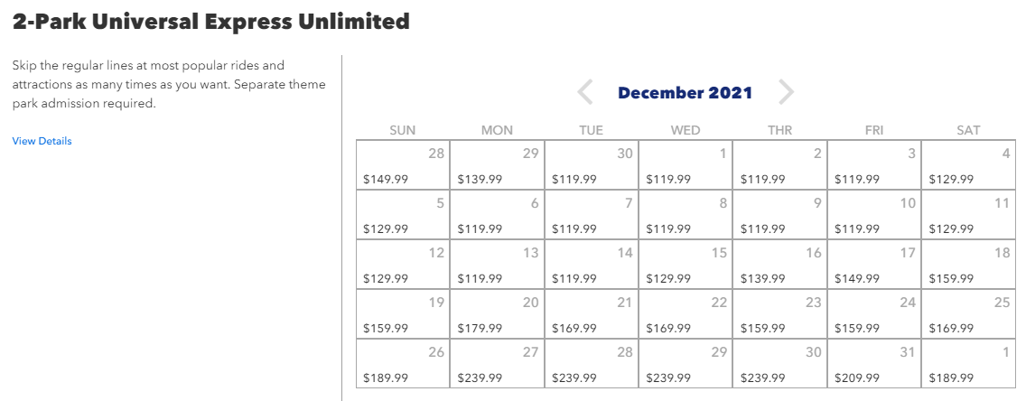 Universal Express Pass Unlimited Price Calendar