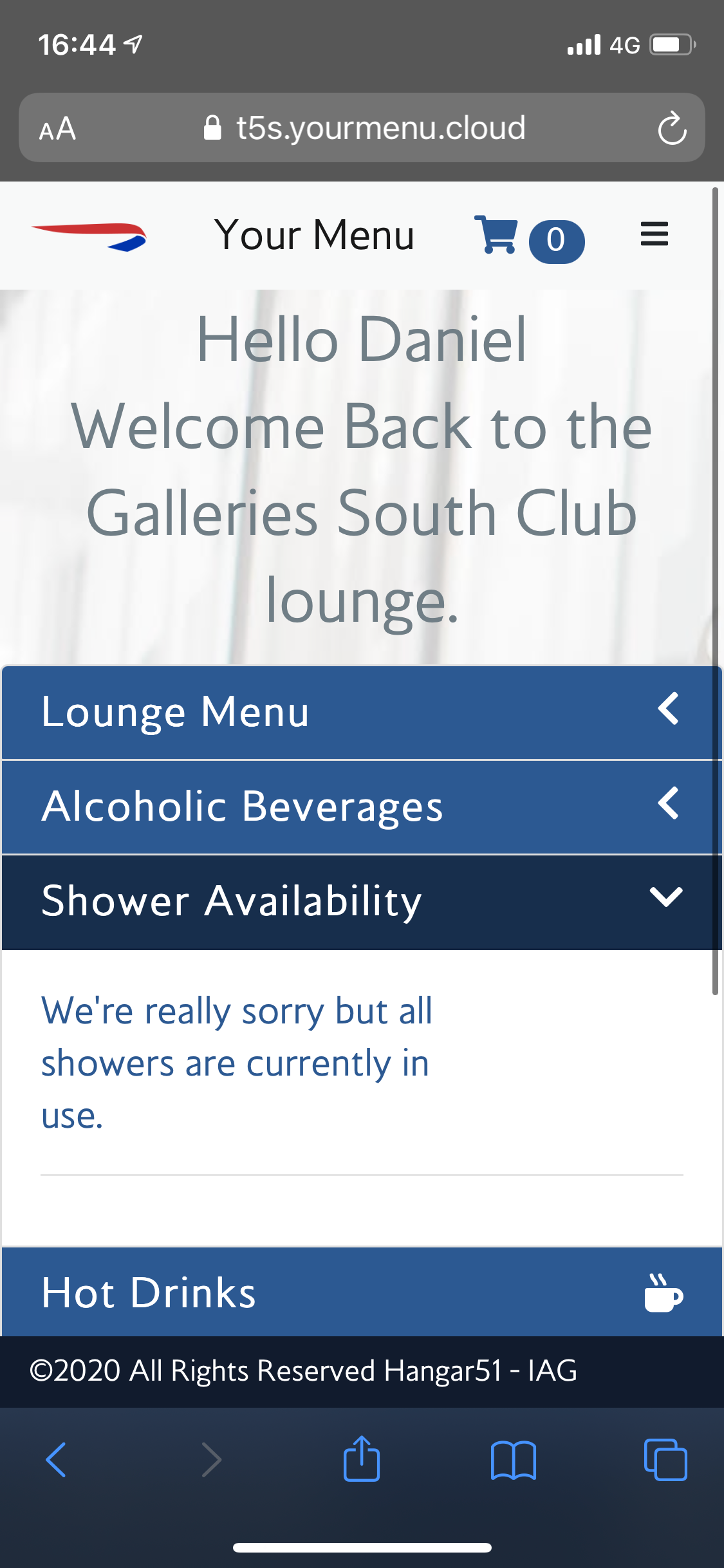 British Airways Galleries South Lounge Union in-app shower information