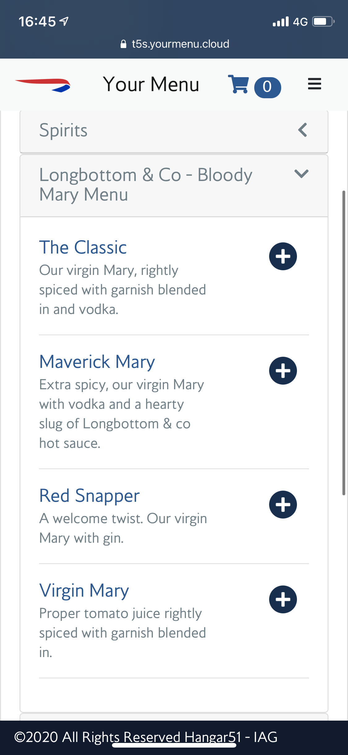 British Airways Galleries South Lounge drinks menu