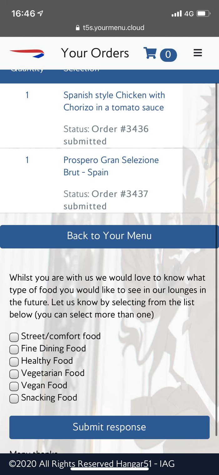 British Airways Galleries South Lounge drinks menu