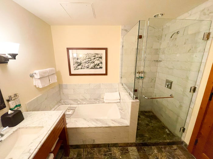 Bathtub and shower at The Lodge at Spruce Peak Destination by Hyatt Stowe Vermont