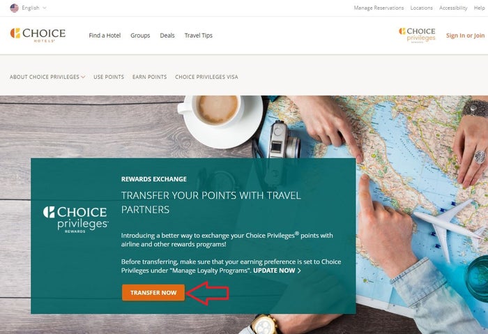 Choice Privileges Transfer Points page