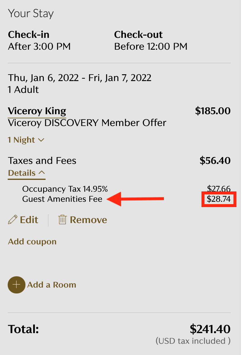 Guest amenities fee at Viceroy Washington DC