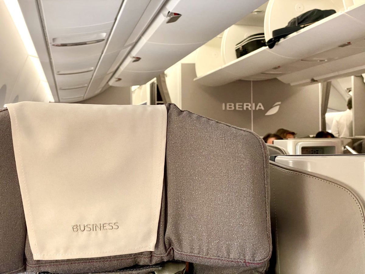 Iberia A350 business class headrest and Iberia branding