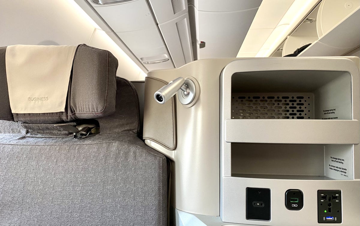 Iberia A350 business class reading light storage and power outlets