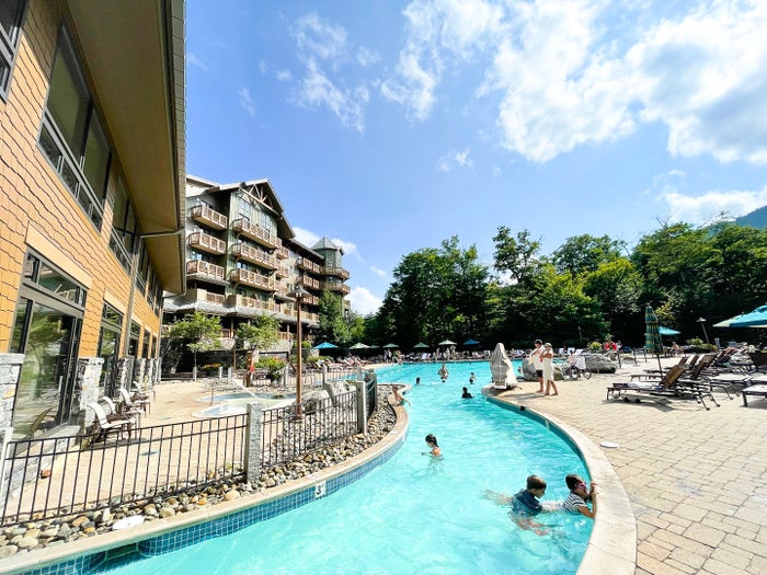 Indoor outdoor pool entrance at The Lodge at Spruce Peak Destination by Hyatt Stowe Vermont