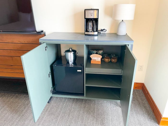 Mini bar set up at The Lodge at Spruce Peak Destination by Hyatt Stowe Vermont