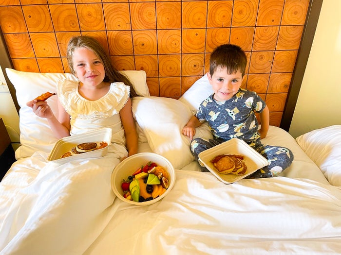 Room service breakfast in bed at The Lodge at Spruce Peak Destination by Hyatt Stowe Vermont