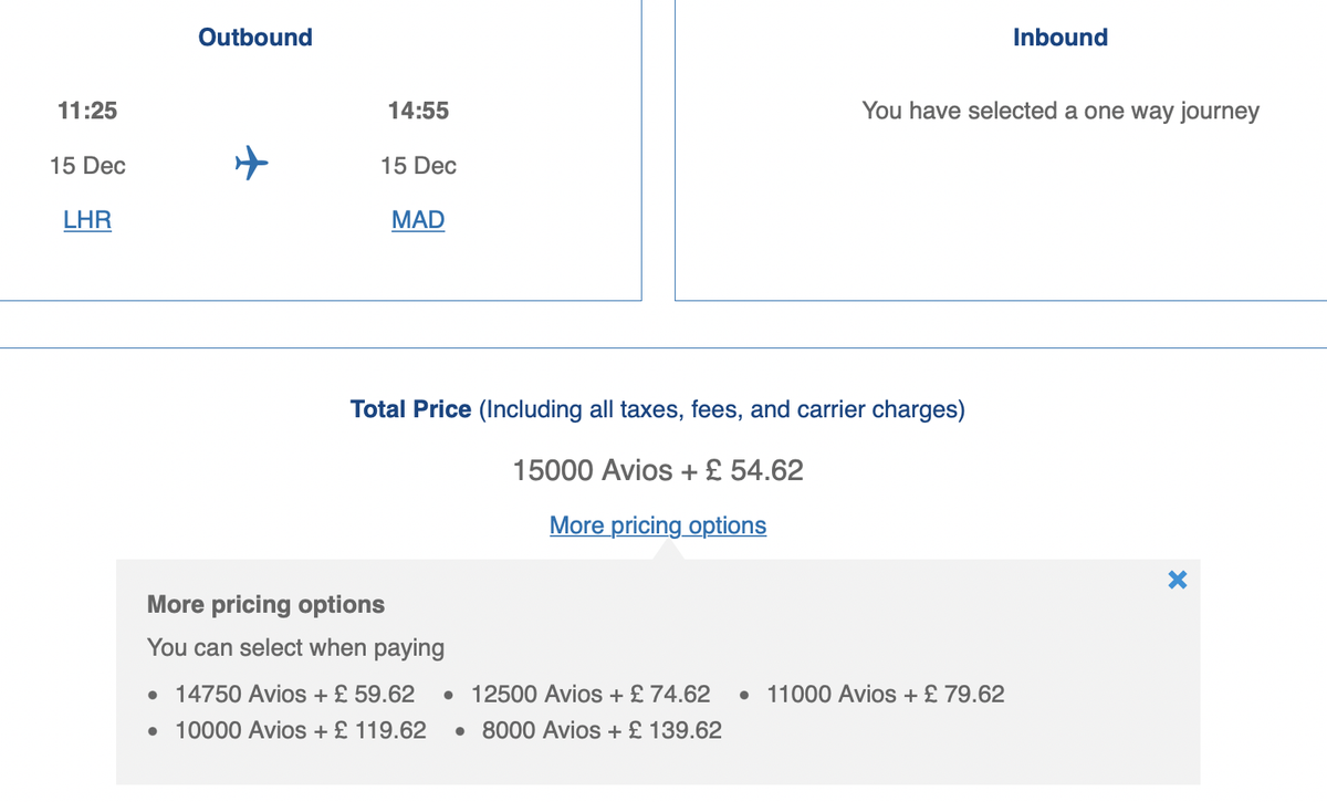 Avios prices from London to Madrid in Business Class