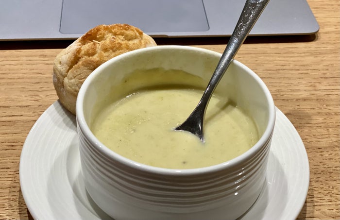 American Express Centurion Lounge Heathrow Terminal 3 leak and potato soup